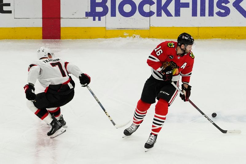 Feb 17, 2024; Chicago, Illinois, USA; Ottawa Senators left wing Brady Tkachuk (7) defends Chicago Blackhawks center Jason Dickinson (16) during the first period at United Center. Mandatory Credit: David Banks-USA TODAY Sports