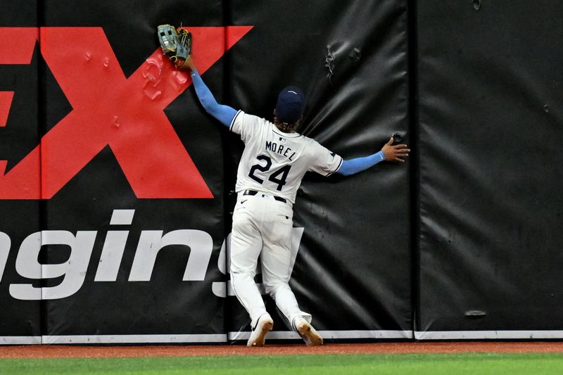 Sep 18, 2024; St. Petersburg, Florida, USA; Tampa Bay Rays left fielder Christopher Morel (24) catches a fly ball in the seventh inning against the Boston Red Sox at Tropicana Field. Mandatory Credit: Jonathan Dyer-Imagn Images