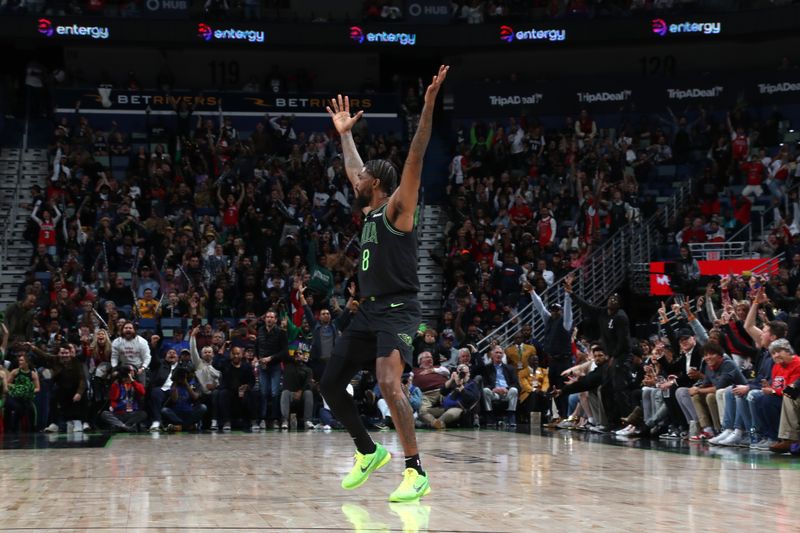 NEW ORLEANS, LA - MARCH 1:  Naji Marshall #8 of the New Orleans Pelicans reacts during the game against the Indiana Pacers on March 1, 2024 at the Smoothie King Center in New Orleans, Louisiana. NOTE TO USER: User expressly acknowledges and agrees that, by downloading and or using this Photograph, user is consenting to the terms and conditions of the Getty Images License Agreement. Mandatory Copyright Notice: Copyright 2024 NBAE (Photo by Layne Murdoch Jr./NBAE via Getty Images)