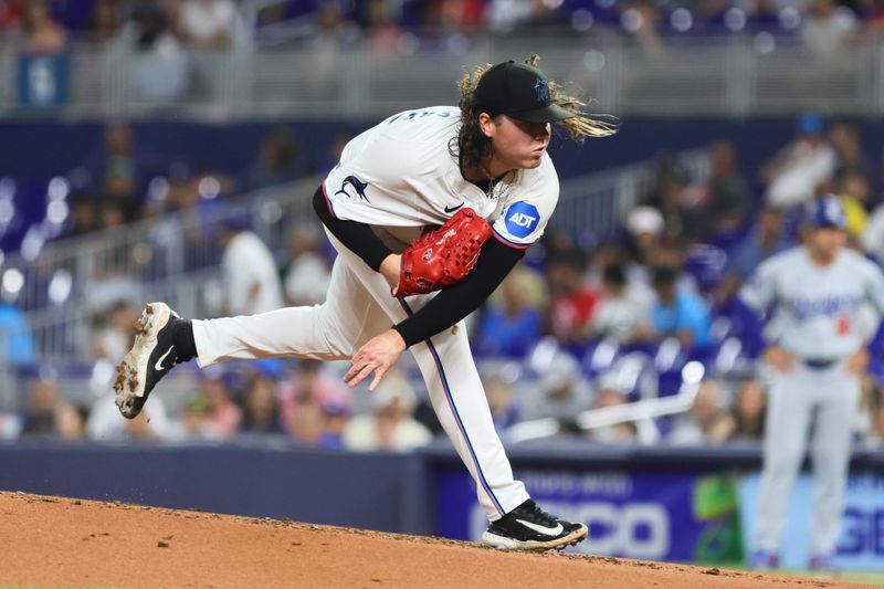 Sep 18, 2024; Miami, Florida, USA; Miami Marlins starting pitcher Ryan Weathers (60) delivers a pitch against the Los Angeles Dodgers during the second inning at loanDepot Park. Mandatory Credit: Sam Navarro-Imagn Images