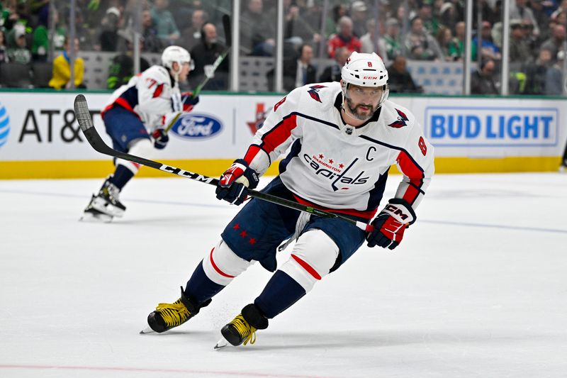 Jan 27, 2024; Dallas, Texas, USA; Washington Capitals left wing Alex Ovechkin (8) skates against the Dallas Stars during the first period at the American Airlines Center. Mandatory Credit: Jerome Miron-USA TODAY Sports