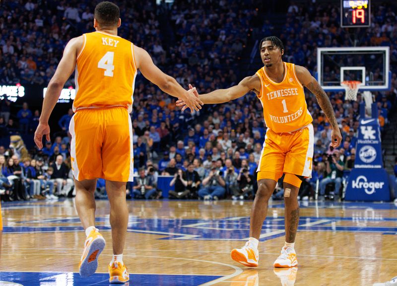 Feb 18, 2023; Lexington, Kentucky, USA; Tennessee Volunteers guard B.J. Edwards (1) celebrates with guard Tyreke Key (4) during the first half against the Kentucky Wildcats at Rupp Arena at Central Bank Center. Mandatory Credit: Jordan Prather-USA TODAY Sports