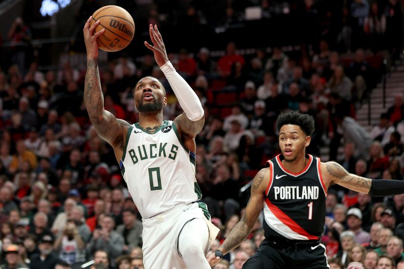 PORTLAND, OREGON - JANUARY 31: Damian Lillard #0 of the Milwaukee Bucks shoots against Anfernee Simons #1 of the Portland Trail Blazers during the first quarter at Moda Center on January 31, 2024 in Portland, Oregon. (Photo by Steph Chambers/Getty Images)