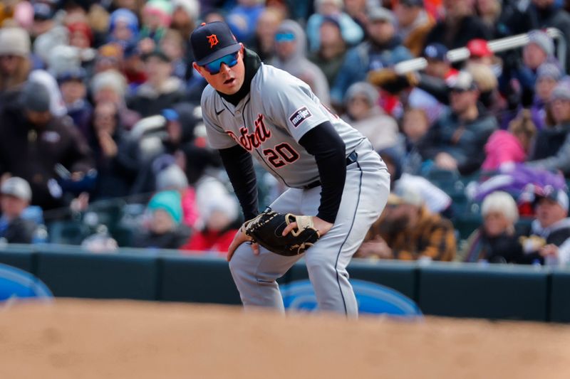 Apr 20, 2024; Minneapolis, Minnesota, USA; Detroit Tigers first baseman Spencer Torkelson (30) reacts after committing an error a ball hit by Minnesota Twins right fielder Alex Kirilloff (not pictured) in the fifth inning at Target Field. Mandatory Credit: Bruce Kluckhohn-USA TODAY Sports