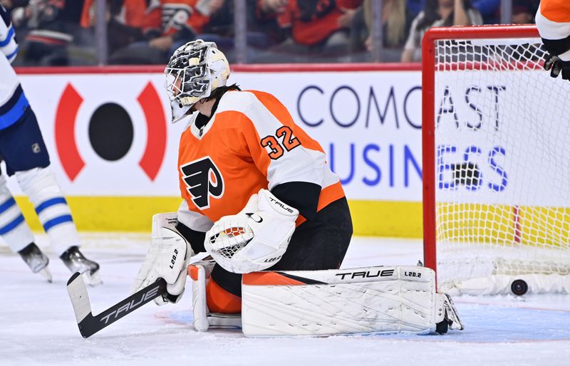 Jan 22, 2023; Philadelphia, Pennsylvania, USA; Philadelphia Flyers goalie Felix Sandstrom (32) allows a goal against the Winnipeg Jets in the first period at Wells Fargo Center. Mandatory Credit: Kyle Ross-USA TODAY Sports