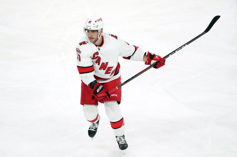 Mar 3, 2023; Tempe, Arizona, USA; Carolina Hurricanes defenseman Shayne Gostisbehere (41) skates against the Arizona Coyotes during the third period at Mullett Arena. Mandatory Credit: Joe Camporeale-USA TODAY Sports