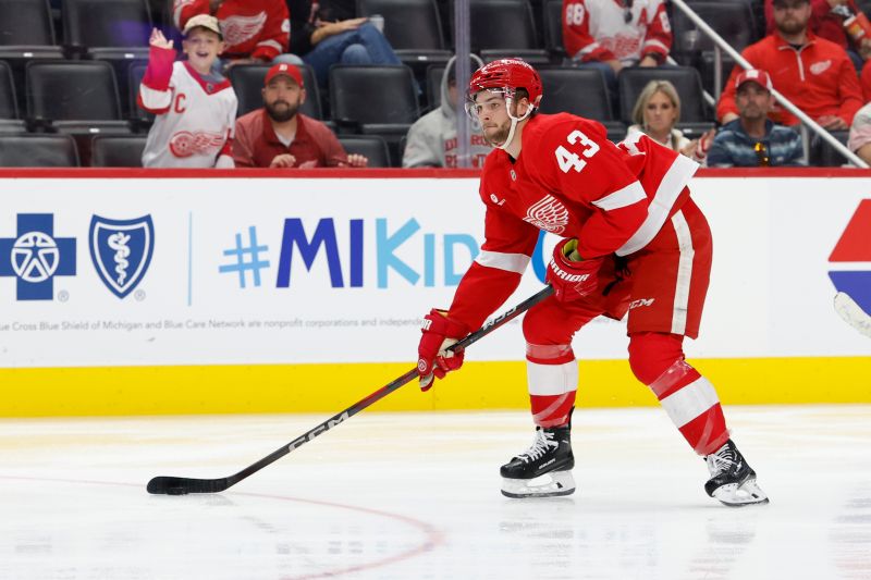 Oct 4, 2024; Detroit, Michigan, USA;  Detroit Red Wings left wing Carter Mazur (43) skates with the puck in the second period against the Ottawa Senators at Little Caesars Arena. Mandatory Credit: Rick Osentoski-Imagn Images