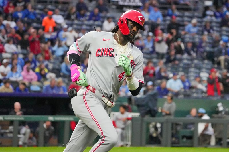 May 27, 2025; Kansas City, Missouri, USA; Cincinnati Reds shortstop Elly De La Cruz (44) runs the bases after hitting a solo home run against the Kansas City Royals in the sixth inning at Kauffman Stadium. Mandatory Credit: Denny Medley-Imagn Images
