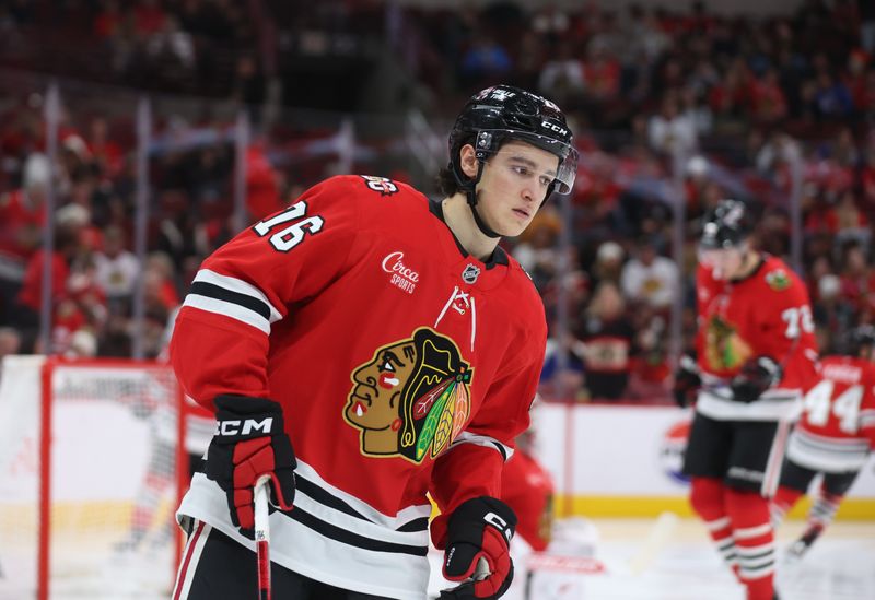 Dec 30, 2025; Chicago, Illinois, USA; Chicago Blackhawks left wing Nick Lardis (76) warms up before the second period against the New York Islanders at United Center. Mandatory Credit: Talia Sprague-Imagn Images