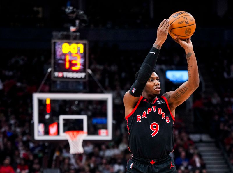 TORONTO, ON - FEBRUARY 9: RJ Barrett #9 of the Toronto Raptors shoots against the Houston Rockets during the first half of their basketball game at the Scotiabank Arena on February 9, 2024 in Toronto, Ontario, Canada. NOTE TO USER: User expressly acknowledges and agrees that, by downloading and/or using this Photograph, user is consenting to the terms and conditions of the Getty Images License Agreement. (Photo by Mark Blinch/Getty Images)