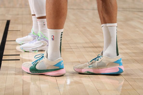 MILWAUKEE, WI - DECEMBER 2: The sneakers of Brook Lopez #11 of the Milwaukee Bucks during the game against the Atlanta Hawks on December 2, 2023 at the Fiserv Forum Center in Milwaukee, Wisconsin. NOTE TO USER: User expressly acknowledges and agrees that, by downloading and or using this Photograph, user is consenting to the terms and conditions of the Getty Images License Agreement. Mandatory Copyright Notice: Copyright 2023 NBAE (Photo by Gary Dineen/NBAE via Getty Images).