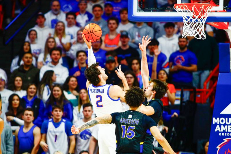 Feb 20, 2024; Boise, Idaho, USA;  Boise State Broncos forward Tyson Degenhart (2) shoots during the first half against the San Jose State Spartans at ExtraMile Arena. Mandatory Credit: Brian Losness-USA TODAY Sports


