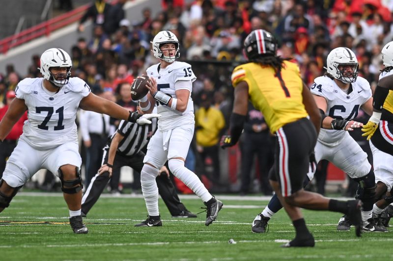 Nov 4, 2023; College Park, Maryland, USA;  Penn State Nittany Lions quarterback Drew Allar (15) looks to throw during the first half against the Maryland Terrapins at SECU Stadium. Mandatory Credit: Tommy Gilligan-USA TODAY Sports