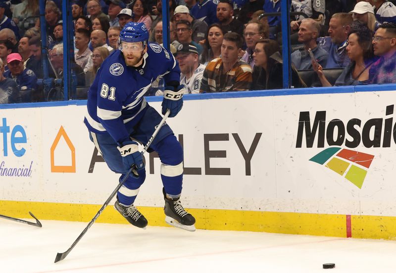 Apr 11, 2024; Tampa, Florida, USA; Tampa Bay Lightning defenseman Erik Cernak (81) skates with the puck against the Ottawa Senators during the second period at Amalie Arena. Mandatory Credit: Kim Klement Neitzel-USA TODAY Sports