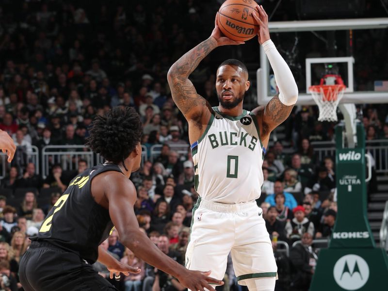 MILWAUKEE, WI - NOVEMBER 7: Damian Lillard #0 of the Milwaukee Bucks handles the ball during the game against the Utah Jazz on November 7, 2024 at Fiserv Forum Center in Milwaukee, Wisconsin. NOTE TO USER: User expressly acknowledges and agrees that, by downloading and or using this Photograph, user is consenting to the terms and conditions of the Getty Images License Agreement. Mandatory Copyright Notice: Copyright 2024 NBAE (Photo by Gary Dineen/NBAE via Getty Images).