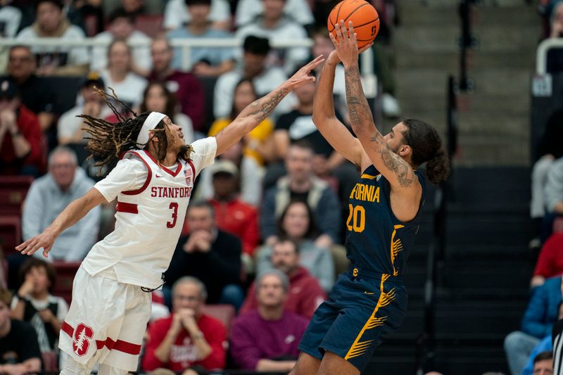 Mar 7, 2024; Stanford, California, USA; California Golden Bears guard Jaylon Tyson (20) shoots the basketball over Stanford Cardinal guard Kanaan Carlyle (3) during the second half at Maples Pavillion. Mandatory Credit: Neville E. Guard-USA TODAY Sports