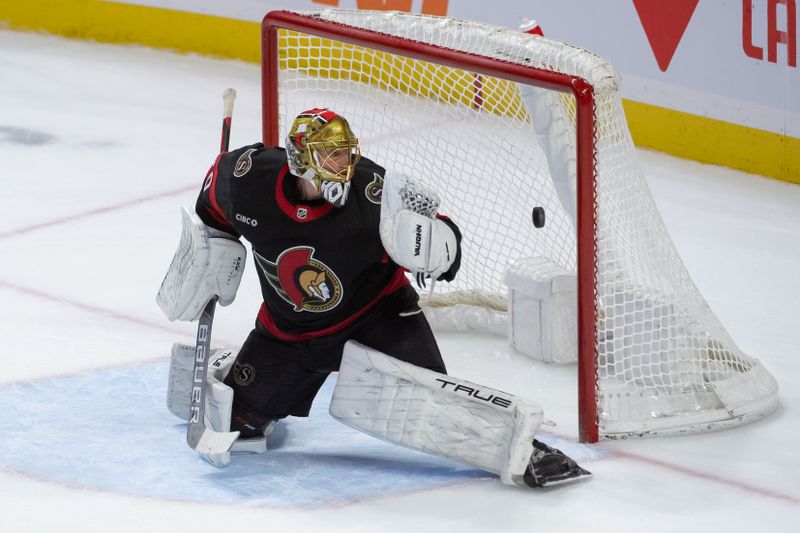 Jan 13, 2024; Ottawa, Ontario, CAN; Ottawa Senators Joonas Korpisalo (70) watches the puck get past him for a goal by the San Jose Sharks in the third period at the Canadian Tire Centre. Mandatory Credit: Marc DesRosiers-USA TODAY Sports