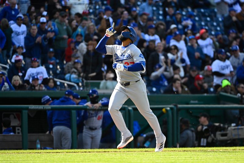 Apr 9, 2025; Washington, District of Columbia, USA; Los Angeles Dodgers outfielder Teoscar Hernández (37) gestures after hitting a two run home run against the Washington Nationals during the first inning at Nationals Park. Mandatory Credit: Brad Mills-Imagn Images