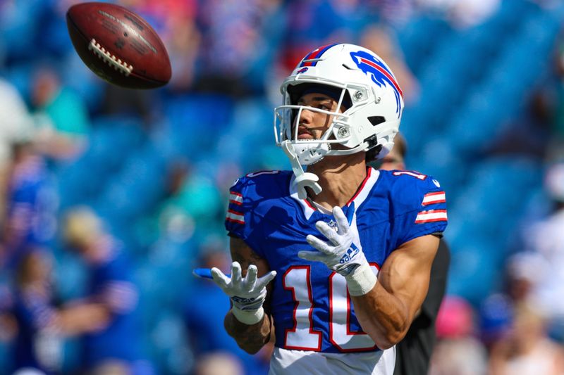 Buffalo Bills wide receiver Khalil Shakir (10) warms up before an NFL football game against the Miami Dolphins, Sunday, Oct. 1, 2023, in Orchard Park, N.Y. (AP Photo/Gary McCullough)