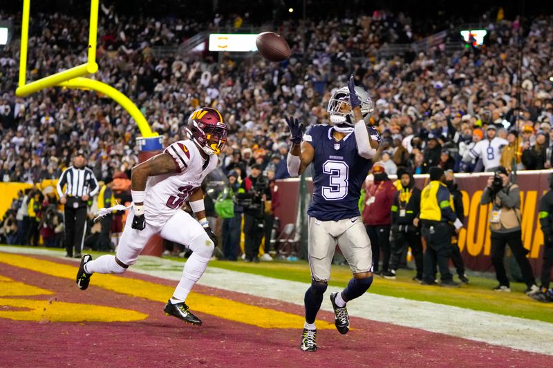 Dallas Cowboys wide receiver Brandin Cooks (3) makes a touchdown catch against Washington Commanders cornerback Kyu Blu Kelly (36) during the second half of an NFL football game, Sunday, Jan. 7, 2024, in Landover, Md. (AP Photo/Mark Schiefelbein)