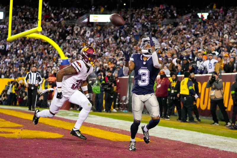 Dallas Cowboys wide receiver Brandin Cooks (3) makes a touchdown catch against Washington Commanders cornerback Kyu Blu Kelly (36) during the second half of an NFL football game, Sunday, Jan. 7, 2024, in Landover, Md. (AP Photo/Mark Schiefelbein)