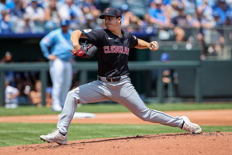 Jun 30, 2024; Kansas City, Missouri, USA; Cleveland Guardians pitcher Logan Allen (41) pitches during the first inning against the Kansas City Royals at Kauffman Stadium. Mandatory Credit: William Purnell-USA TODAY Sports