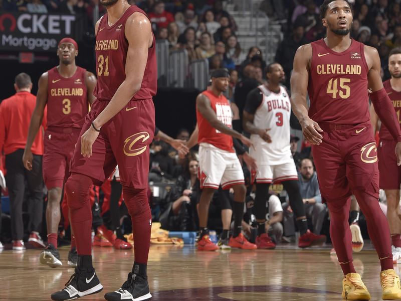 CLEVELAND, OH - FEBRUARY 14: The Cleveland Cavaliers look on during the game against the Chicago Bulls on February 14, 2024 at Rocket Mortgage FieldHouse in Cleveland, Ohio. NOTE TO USER: User expressly acknowledges and agrees that, by downloading and/or using this Photograph, user is consenting to the terms and conditions of the Getty Images License Agreement. Mandatory Copyright Notice: Copyright 2024 NBAE (Photo by David Liam Kyle/NBAE via Getty Images)