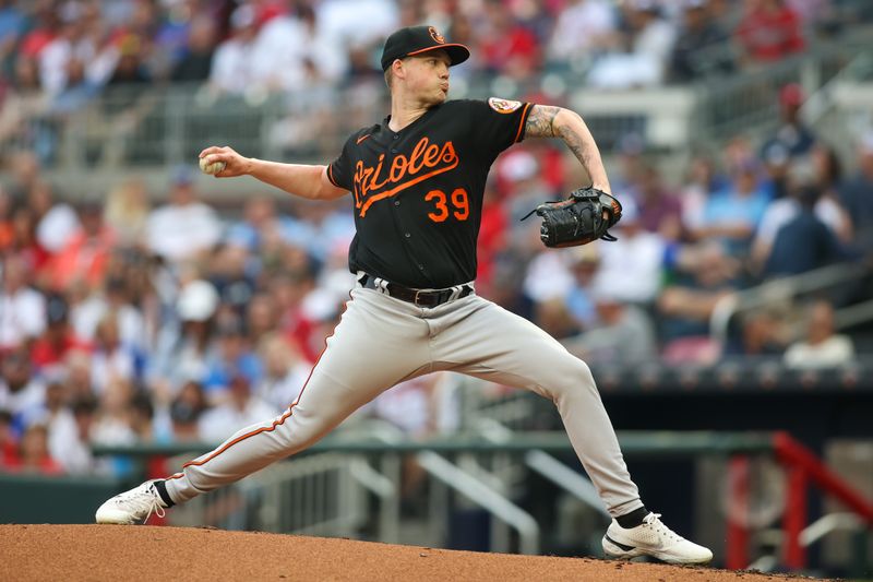 May 6, 2023; Atlanta, Georgia, USA; Baltimore Orioles starting pitcher Kyle Bradish (39) throws against the Atlanta Braves in the first inning at Truist Park. Mandatory Credit: Brett Davis-USA TODAY Sports