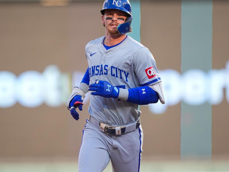 Aug 12, 2024; Minneapolis, Minnesota, USA; Kansas City Royals shortstop Bobby Witt Jr. (7) celebrates his home run against the Minnesota Twins in the first inning at Target Field. Mandatory Credit: Brad Rempel-USA TODAY Sports