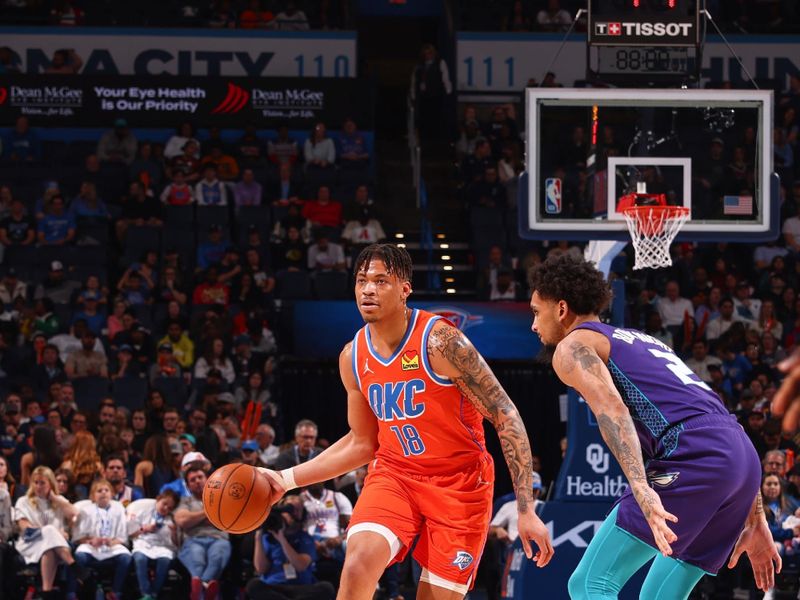 OKLAHOMA CITY, OK - FEBRUARY 2:  Keyontae Johnson #18 of the Oklahoma City Thunder handles the ball during the game  on February 2, 2024 at Paycom Arena in Oklahoma City, Oklahoma. NOTE TO USER: User expressly acknowledges and agrees that, by downloading and or using this photograph, User is consenting to the terms and conditions of the Getty Images License Agreement. Mandatory Copyright Notice: Copyright 2024 NBAE (Photo by Zach Beeker/NBAE via Getty Images)