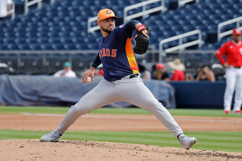 Feb 26, 2025; West Palm Beach, Florida, USA; Houston Astros pitcher Misael Tamara throws a pitch during the fourth inning against the Washington Nationals at CACTI Park of the Palm Beaches. Mandatory Credit: Reinhold Matay-Imagn Images