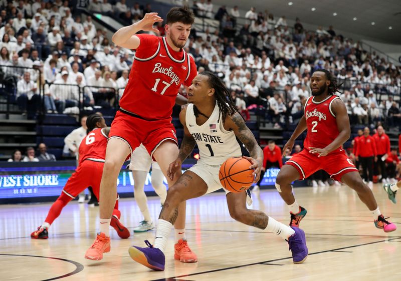 Jan 30, 2025; University Park, Pennsylvania, USA; Penn State Nittany Lions guard Ace Baldwin Jr (1) dribbles the ball towards the basket as Ohio State Buckeyes center Ivan Njegovan (17) defends during the second half at Rec Hall. Ohio State defeated Penn State 83-64. Mandatory Credit: Matthew O'Haren-Imagn Images