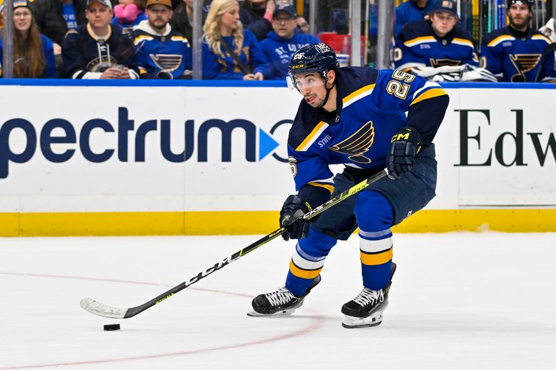 Jan 11, 2024; St. Louis, Missouri, USA;  St. Louis Blues center Jordan Kyrou (25) controls the puck against the New York Rangers during the second period at Enterprise Center. Mandatory Credit: Jeff Curry-USA TODAY Sports