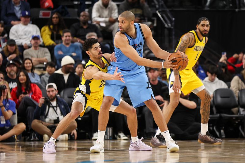 INGLEWOOD, CALIFORNIA - FEBRUARY 06: Nicolas Batum #33 of the LA Clippers handles the ball in the second half defended by Ben Sheppard #26 of the Indiana Pacers at Intuit Dome on February 06, 2025 in Inglewood, California. NOTE TO USER: User expressly acknowledges and agrees that, by downloading and or using this Photograph, user is consenting to the terms and conditions of the Getty Images License Agreement. (Photo by Meg Oliphant/Getty Images)