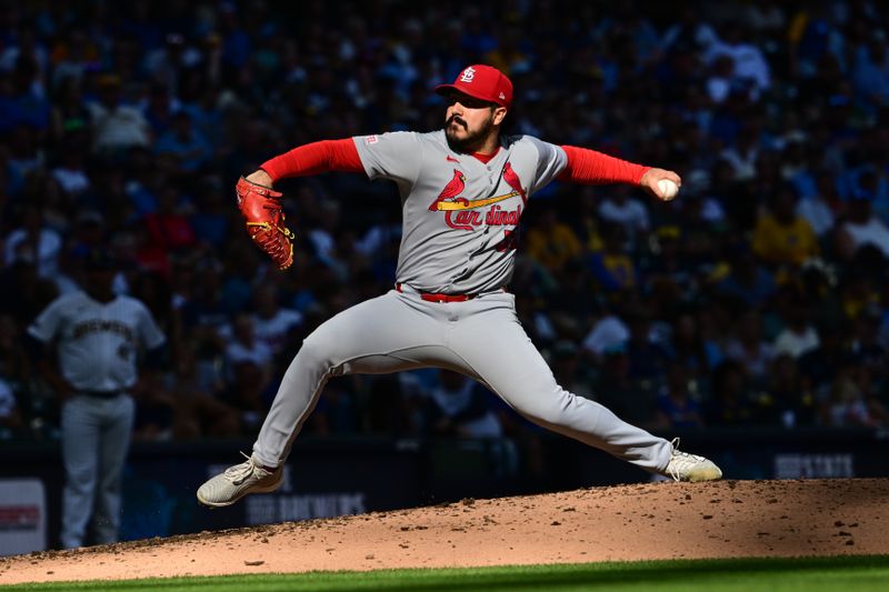 Sep 14, 2025; Milwaukee, Wisconsin, USA; St. Louis Cardinals pitcher JoJo Romero (59) throws against the Milwaukee Brewers in the eighth inning at American Family Field. Mandatory Credit: Benny Sieu-Imagn Images