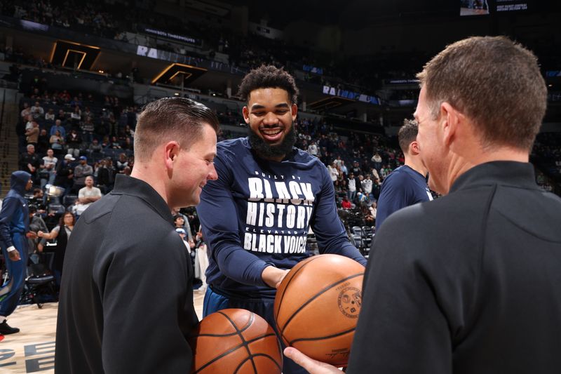 MINNEAPOLIS, MN -  FEBRUARY 4: Karl-Anthony Towns #32 of the Minnesota Timberwolves before the game against the Houston Rockets on February 4, 2024 at Target Center in Minneapolis, Minnesota. NOTE TO USER: User expressly acknowledges and agrees that, by downloading and or using this Photograph, user is consenting to the terms and conditions of the Getty Images License Agreement. Mandatory Copyright Notice: Copyright 2024 NBAE (Photo by David Sherman/NBAE via Getty Images)