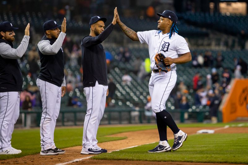 Apr 11, 2022; Detroit, Michigan, USA; Detroit Tigers starting pitcher Gregory Soto (65) celebrates with teammates after the game against the Boston Red Sox at Comerica Park. Mandatory Credit: Raj Mehta-USA TODAY Sports