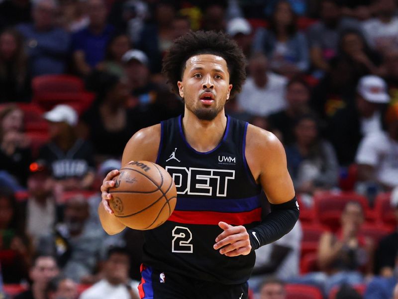 MIAMI, FLORIDA - OCTOBER 25: Cade Cunningham #2 of the Detroit Pistons dribbles against the Miami Heat during the third quarter of the game at Kaseya Center on October 25, 2023 in Miami, Florida. NOTE TO USER: User expressly acknowledges and agrees that, by downloading and or using this photograph, User is consenting to the terms and conditions of the Getty Images License Agreement.  (Photo by Megan Briggs/Getty Images)