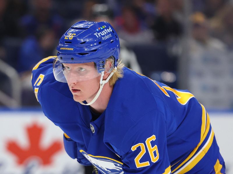 Oct 9, 2025; Buffalo, New York, USA;  Buffalo Sabres defenseman Rasmus Dahlin (26) waits for the face-off during the third period against the New York Rangers at KeyBank Center. Mandatory Credit: Timothy T. Ludwig-Imagn Images