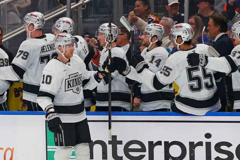 Jan 10, 2026; Edmonton, Alberta, CAN; The Los Angeles Kings celebrate a goal by forward Corey Perry (10) during the first period against the Edmonton Oilers at Rogers Place. Mandatory Credit: Perry Nelson-Imagn Images