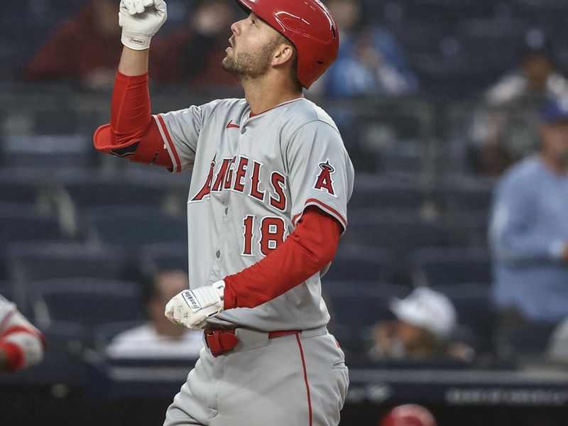 Aug 8, 2024; Bronx, New York, USA;  Los Angeles Angels first baseman Nolan Schanuel (18) gestures after hitting a solo home run in the first inning against the New York Yankees at Yankee Stadium. Mandatory Credit: Wendell Cruz-USA TODAY Sports