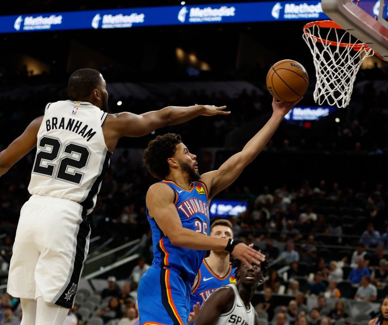 SAN ANTONIO, TX - OCTOBER 07:  Ajay Mitchell #25 of the Oklahoma City Thunder lays up a shot past Malaki Branham #22 of the San Antonio Spurs in the first half of a preseason game at Frost Bank Center on October 7, 2024 in San Antonio, Texas. NOTE TO USER: User expressly acknowledges and agrees that, by downloading and or using this photograph, User is consenting to terms and conditions of the Getty Images License Agreement. (Photo by Ronald Cortes/Getty Images)