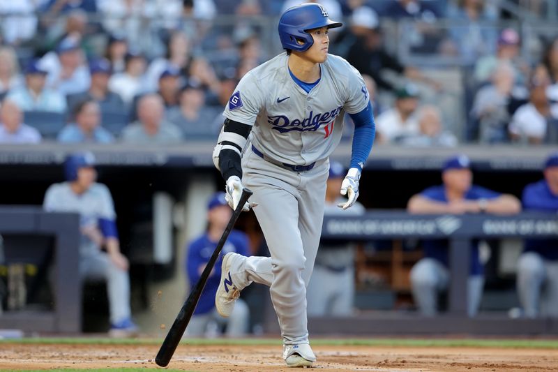 Jun 9, 2024; Bronx, New York, USA; Los Angeles Dodgers designated hitter Shohei Ohtani (17) watches his line out to end the top of the third inning against the New York Yankees at Yankee Stadium. Mandatory Credit: Brad Penner-USA TODAY Sports