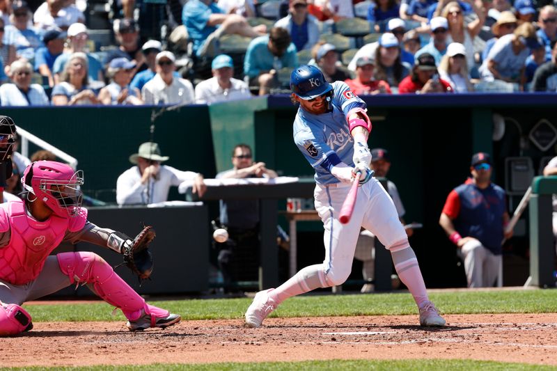 May 11, 2025; Kansas City, Missouri, USA; Kansas City Royals shortstop Bobby Witt Jr. (7) strikes out at Kauffman Stadium. Mandatory Credit: Gary Rohman-Imagn Images