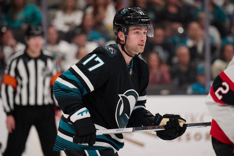 Mar 9, 2024; San Jose, California, USA; San Jose Sharks center Thomas Bordeleau (17) skates against the Ottawa Senators during the second period at SAP Center at San Jose. Mandatory Credit: Robert Edwards-USA TODAY Sports