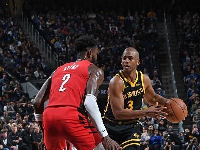 SAN FRANCISCO, CA - DECEMBER 23: Chris Paul #3 of the Golden State Warriors dribbles the ball during the game against the Portland Trail Blazers on December 23, 2023 at Chase Center in San Francisco, California. NOTE TO USER: User expressly acknowledges and agrees that, by downloading and or using this photograph, user is consenting to the terms and conditions of Getty Images License Agreement. Mandatory Copyright Notice: Copyright 2023 NBAE (Photo by Noah Graham/NBAE via Getty Images)