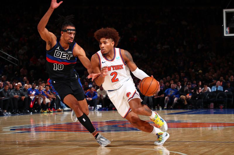 NEW YORK, NY - MARCH 25: Miles McBride #2 of the New York Knicks drives to the basket during the game against the Detroit Pistons on March 25, 2024 at Madison Square Garden in New York City, New York.  NOTE TO USER: User expressly acknowledges and agrees that, by downloading and or using this photograph, User is consenting to the terms and conditions of the Getty Images License Agreement. Mandatory Copyright Notice: Copyright 2024 NBAE  (Photo by David L. Nemec /NBAE via Getty Images)