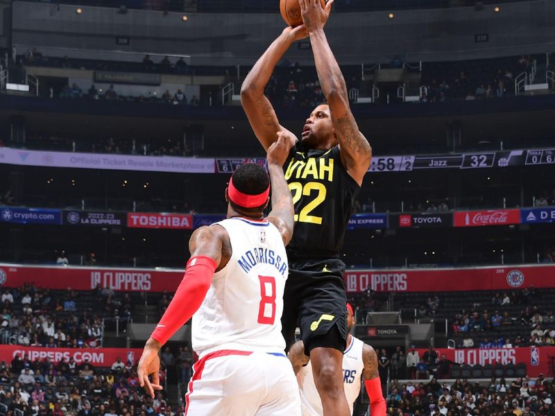 LOS ANGELES, CA - NOVEMBER 6: Rudy Gay #22 of the Utah Jazz shoots the ball during the game against the LA Clippers on November 6, 2022 at Crypto.com Arena in Los Angeles, California. NOTE TO USER: User expressly acknowledges and agrees that, by downloading and/or using this Photograph, user is consenting to the terms and conditions of the Getty Images License Agreement. Mandatory Copyright Notice: Copyright 2022 NBAE (Photo by Adam Pantozzi/NBAE via Getty Images)