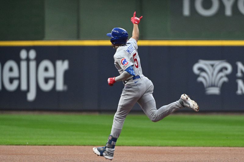 Sep 30, 2023; Milwaukee, Wisconsin, USA; Chicago Cubs second baseman Christopher Morel (5) rounds the bases after hitting a home run in the first inning against the Milwaukee Brewers at American Family Field. Mandatory Credit: Michael McLoone-USA TODAY Sports