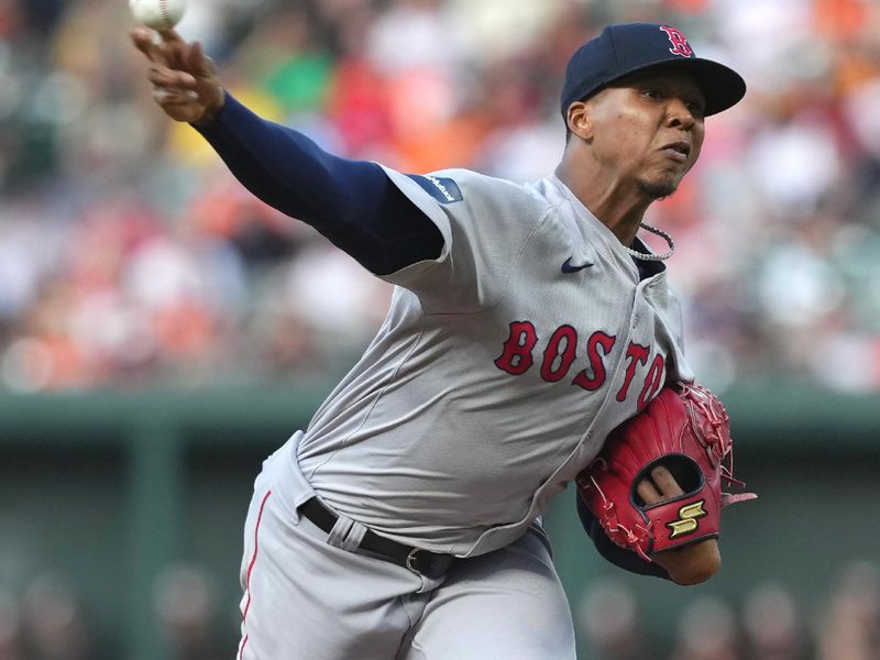 May 28, 2024; Baltimore, Maryland, USA; Boston Red Sox pitcher Brayan Bello (66) delivers in the second inning against the Baltimore Orioles at Oriole Park at Camden Yards. Mandatory Credit: Mitch Stringer-USA TODAY Sports